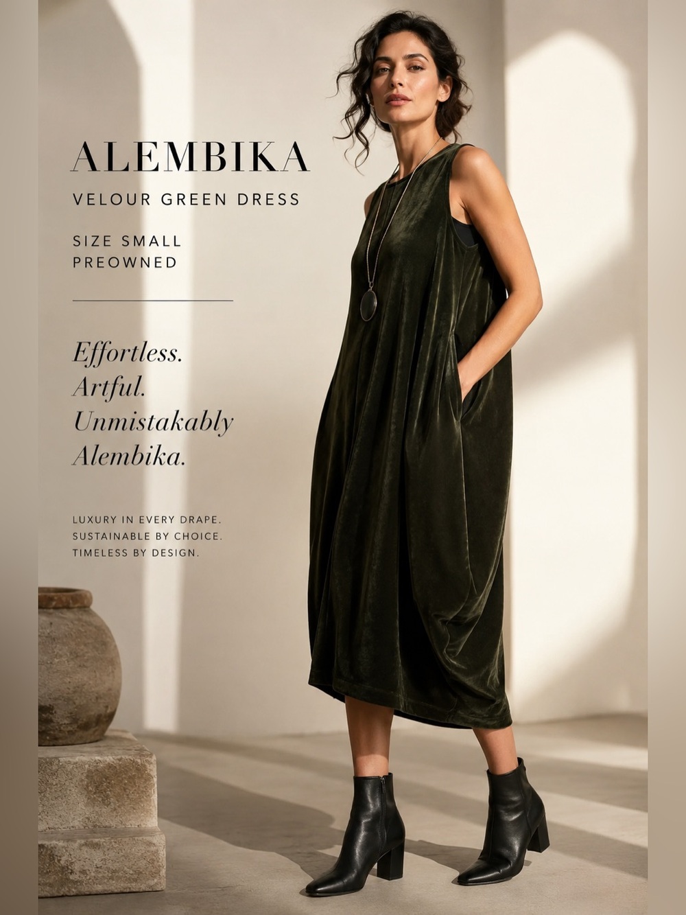 Alembika Olive Green Velour Dress Small Lagenlook Oversized Balloon Pockets